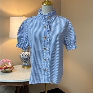SHEIN Blue and White Striped Ruffle Button-Up Puff Sleeve Top